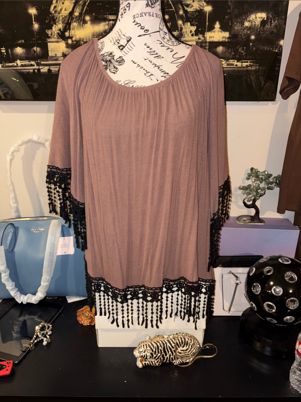 entro brown Fringe Crochet-Trim Tunic oversized medium